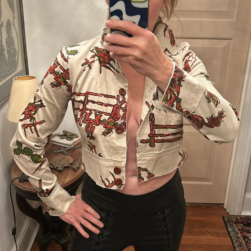RARE VINTAGE sz S Western print sparkle corduroy cropped button front jacket - Picture 2 of 10